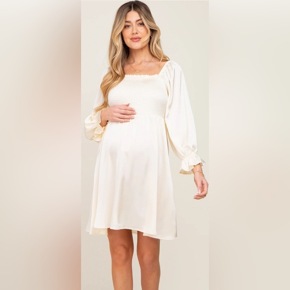 Ivory Satin Smocked Square Neck Maternity Dress - Picture 1 of 3
